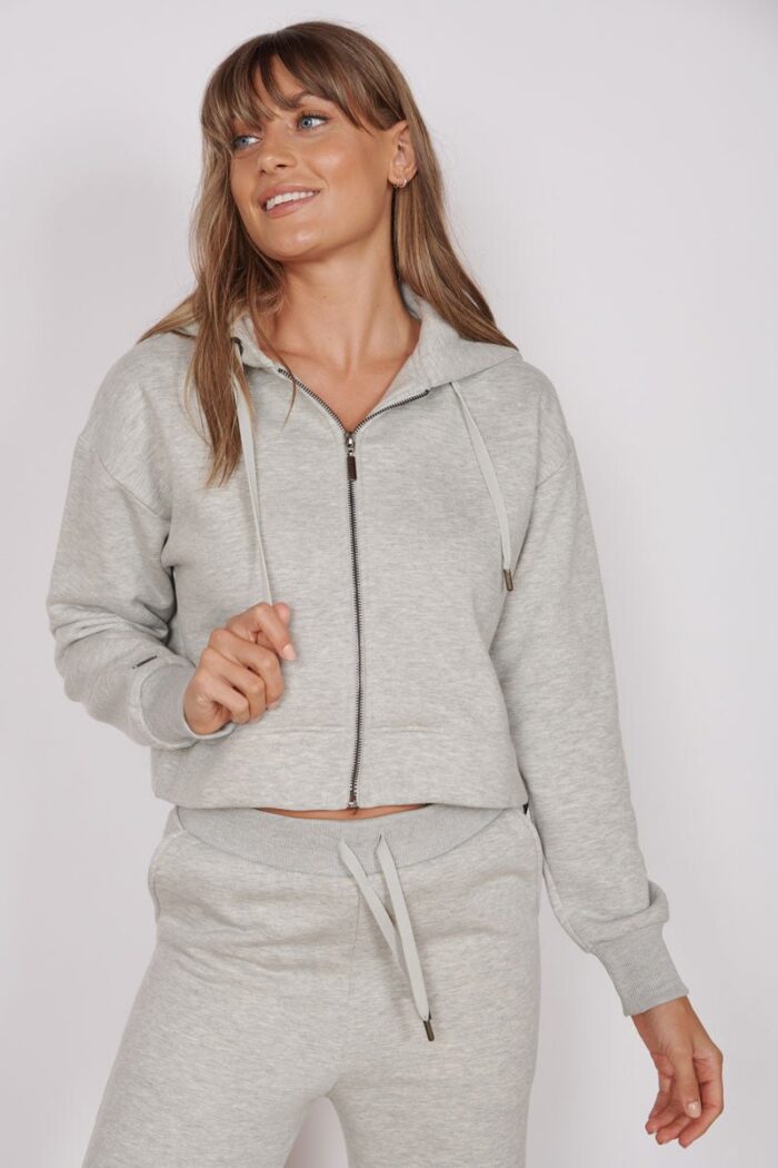 Rosa Light Grey Zip Through Cropped Hoodie - Image 2